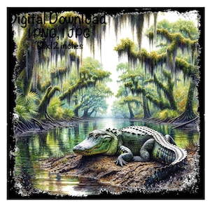 Alligator on the Bayou Sublimation | Swamp Boy Girl Clipart | Bayou Rustic Shack Landscape PNG | Digital Download | Swamp Hunter Hunting PNG