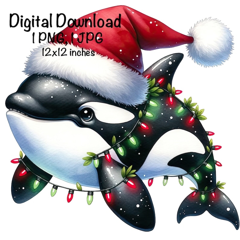 K&ouml;nnte beinhalten: Ein schwarz-wei&szlig;es Orca, das einen roten Weihnachtsmann-Hut mit wei&szlig;em Besatz und eine Lichterkette mit roten und gr&uuml;nen Weihnachtslichtern tr&auml;gt. Das Orca ist 30,5 x 30,5 cm gro&szlig;.