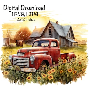 Rustic Red Farm Truck Barn Sunflowers Rustic Truck Country Farm Sublimation Sunset Old Farm Truck PNG Commercial Use Clipart Farmer Barnyard