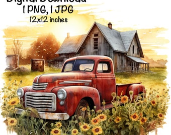 Rustic Red Farm Truck Barn Sunflowers Rustic Truck Country Farm Sublimation Sunset Old Farm Truck PNG Commercial Use Clipart Farmer Barnyard