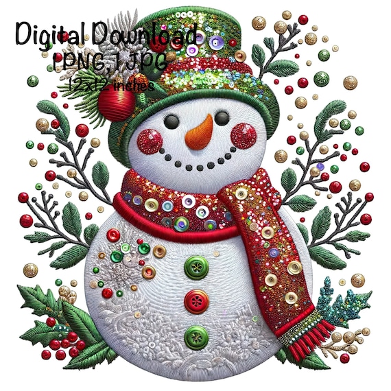 Snowman Embroidery PNG Winter Snowman PNG Commercial Use Faux Embroidery Snowman Christmas Sequins Glitter Sublimation Design Download PNG