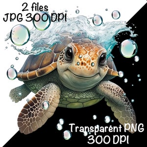 May include: A close-up of a sea turtle with brown and green shell, swimming in blue water with bubbles. The turtle has a cute, smiling expression. The image is set against a black and white background.