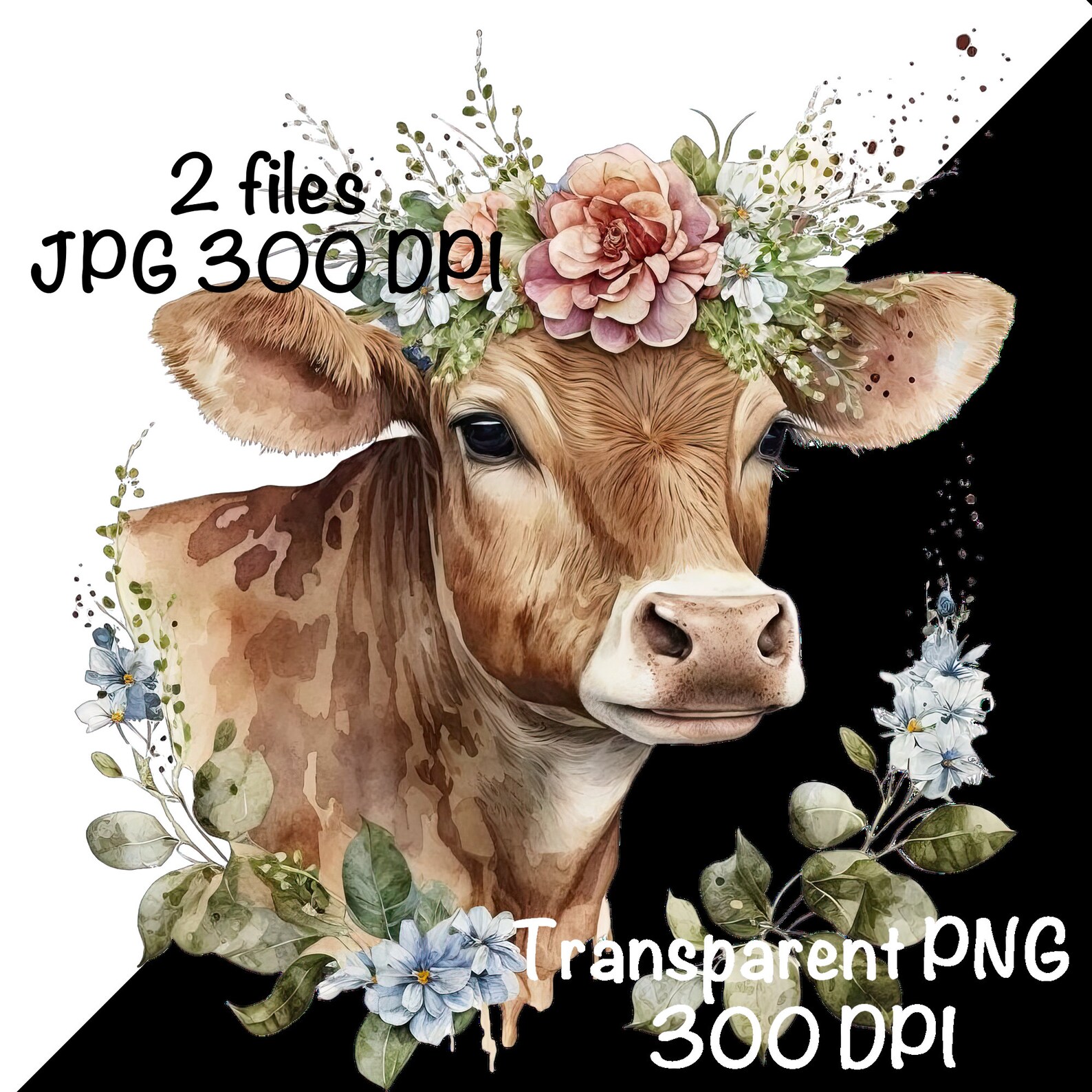 Dairy Milk Cow Watercolor Clipart Jersey Cow Daisy Flowers PNG ...