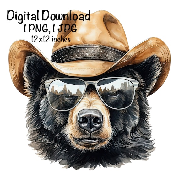 Funny Black Bear Sublimation Hunting PNG Cute Bear Cowboy Hat PNG Commercial Use Hunter Hunting Season png Print Bear Hunting Sublimation