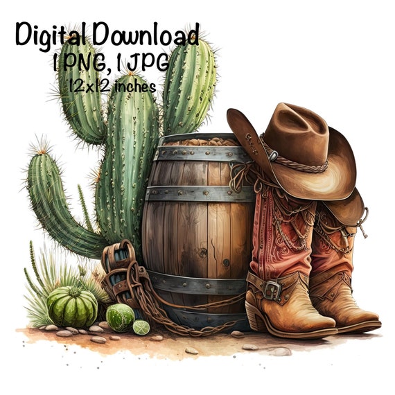 Cowboy Boots Hat Barrel Cactus Watercolor Country Cowboy Clipart PNG  Commercial Use Sublimation Cowgirl Country Boy Watercolor Illustration