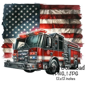 Fire Truck Flag PNG Patriotic USA Fireman Flag Clipart American First Responder Commercial Use United States Firefighter Flag Sublimation