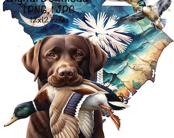 South Carolina Duck Hunting Dog PNG | Choclate Labrador Dog SC Map Hunting Sublimation | Mallard Duck Hunting PNG | Duck Hunter Sublimation