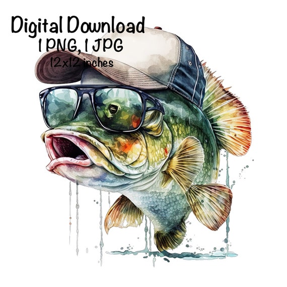 Funny fishing png clipart watercolor illustration, big fish with fisherman  digital file, transparent background