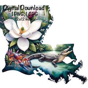 Louisiana PNG Sublimation, Louisiana Karte USA PNG, kommerzielle Nutzung, Louisiana State Magnolia Alligator Crawfish PNG