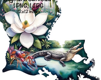 Louisiana PNG Sublimation, Louisiana Map United States of America PNG, Commercial Use, Louisiana State Magnolia Alligator Crawfish PNG