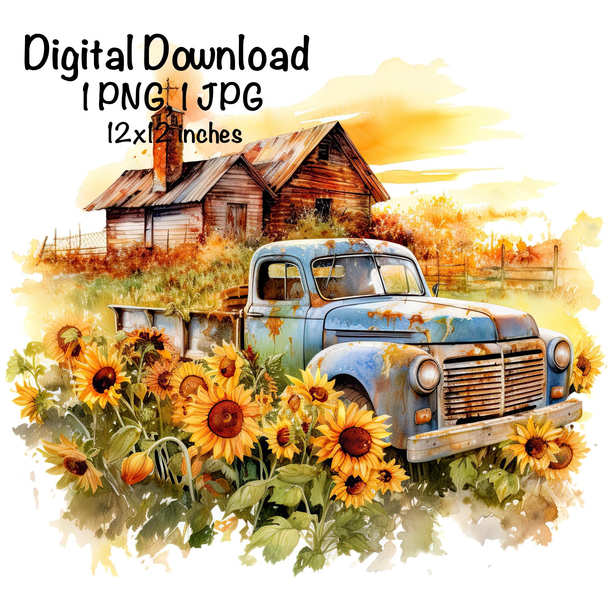 Rustic Blue Farm Truck Barn Sunflowers Autumn Rustic Truck Country Farm Sublimation Sunset Farm Truck PNG Fall Season PNG Farmer Barnyard