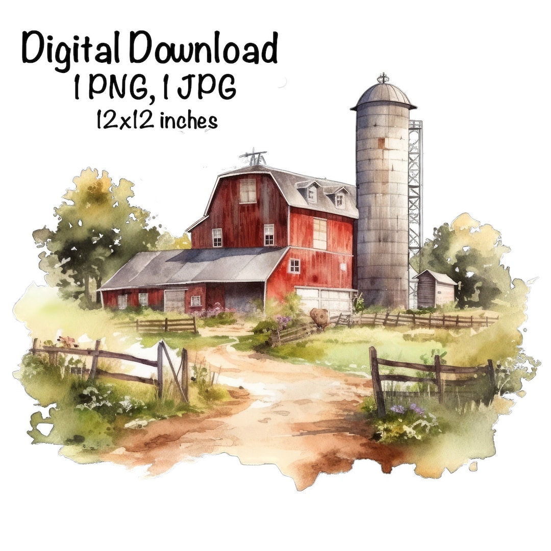 Old Red Barn and Silo Farm Barn Silo Boys Girls Clipart Wall Art Rustic ...