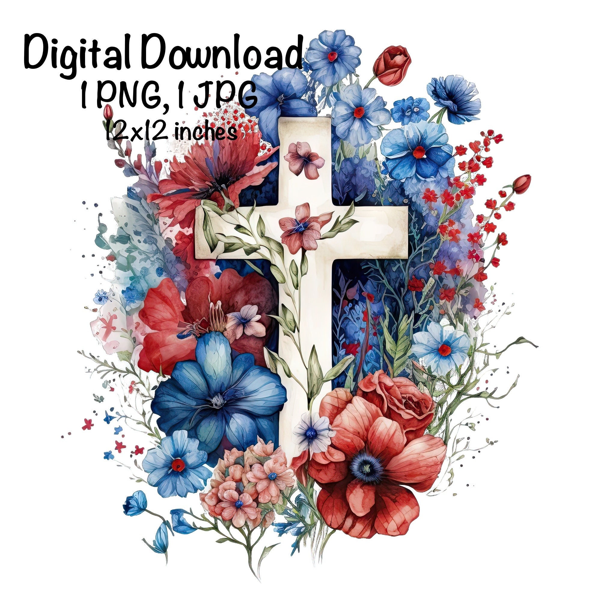 4th Of July Cross Watercolor Floral Cross Clipart Memorial Day Sublimation  Design PNG Commercial Use Bible Flowers July 4th PNG Illustration, image size:2000x2000
