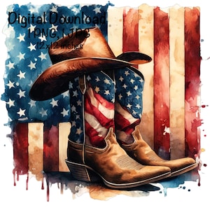 May include: A pair of brown cowboy boots with an American flag design. The boots are set against a watercolor background of an American flag. The text "Digital Download PNG, JPG 12x12 inches" is visible in the top left corner of the image.