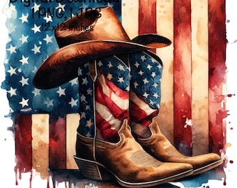 May include: A pair of brown cowboy boots with an American flag design. The boots are set against a watercolor background of an American flag. The text "Digital Download PNG, JPG 12x12 inches" is visible in the top left corner of the image.