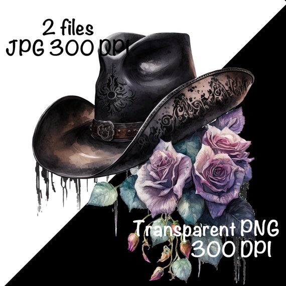 Gothic Cowboy Hat Watercolor Country Cowboy Cowgirl Clipart PNG Commercial Use Sublimation Designs Gothic Rose Flowers Watercolor Print PNG