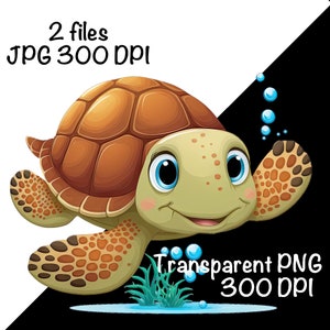 May include: A cartoon illustration of a smiling sea turtle with brown and orange shell, blue eyes, and a green head. The turtle is swimming in blue water with bubbles and green seaweed.
