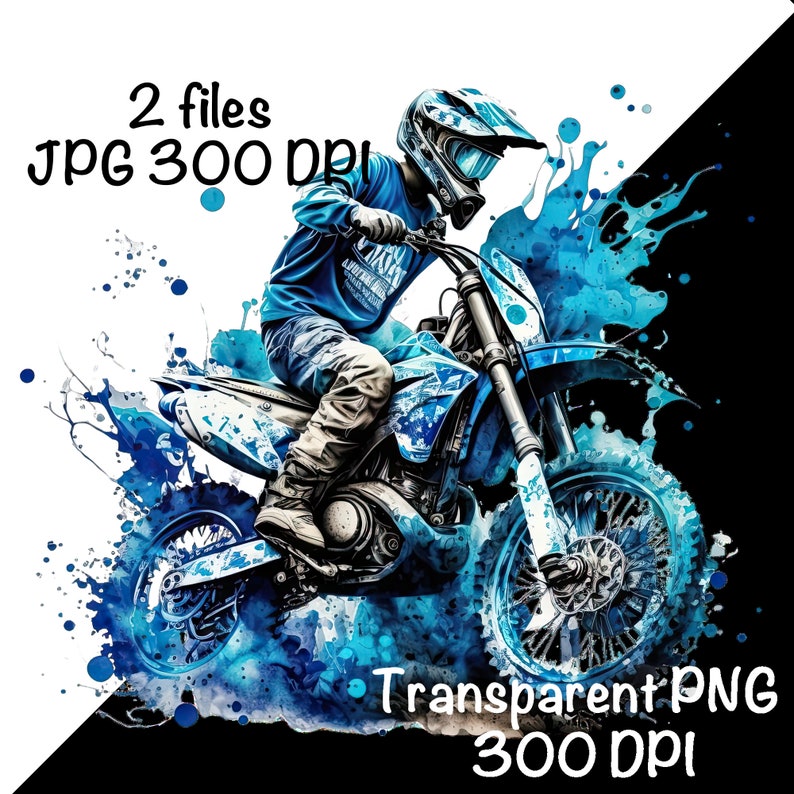 May include: A digital illustration of a person riding a blue and black dirt bike with blue watercolor splatters in the background. The rider is wearing a blue and black helmet and a blue long-sleeved shirt. The image is labeled "Transparent PNG 300 DPI".
