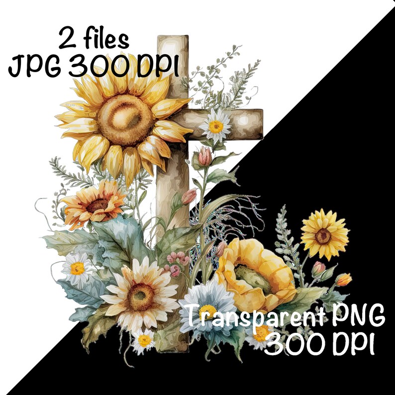 Sunflowers Cross Watercolor Floral Cross Clipart Easter Sublimation