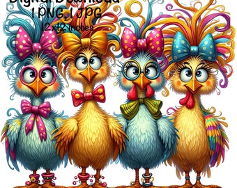 Funny Chicken PNG, Cute Chicken PNG Sublimacja, Four Crazy Chickens png, Komercyjne zastosowanie, Życie na farmie, Pobieranie cyfrowe, Chicken Chick PNG