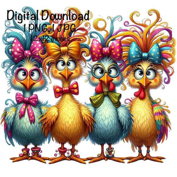 Funny Chicken PNG, Cute Chicken PNG Sublimation, Four Crazy Chickens png, Commercial Use, Farm Life, Digital Download, Chicken Chick PNG