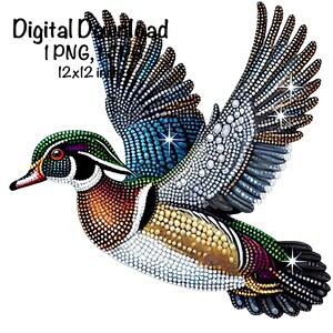 May include: A colorful mosaic-style illustration of a wood duck in flight. The duck is made up of small, colorful beads, and its wings are spread wide. The background is white.
