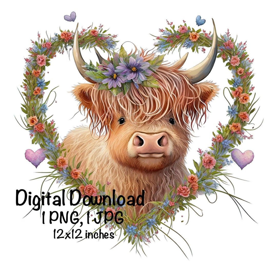 Highland Cow Watercolor Clipart Highland Cow Spring Heart Flowers ...