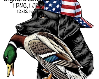 May include: Digital download image of a black Labrador Retriever wearing a baseball cap with an American flag design. The dog is holding a duck in its mouth. The image is 12x12 inches.