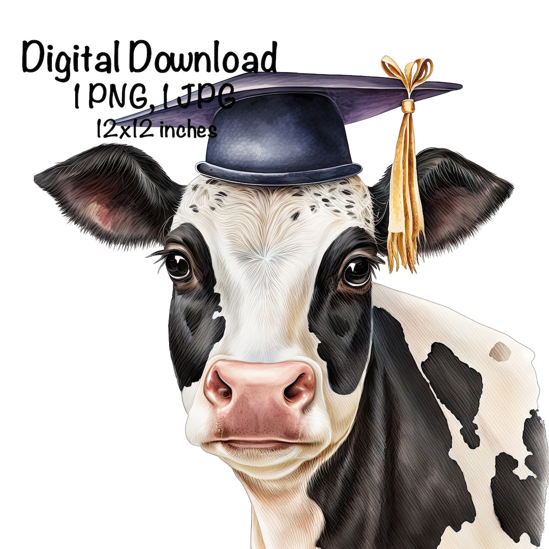 Dairy Cow Watercolor Clipart Milk Cattle Cow Graduation Cap PNG