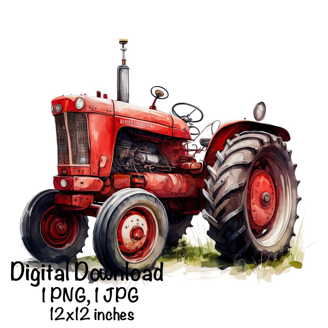 Farm Tractor Watercolor, Red Tractor Boys Clipart Nursery Décor Farm