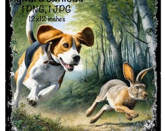 May include: A brown and white beagle dog chasing a brown rabbit through a forest. The dog is running with its mouth open and tongue out. The rabbit is running with its ears up and tail held high. The background is a green forest with tall trees.