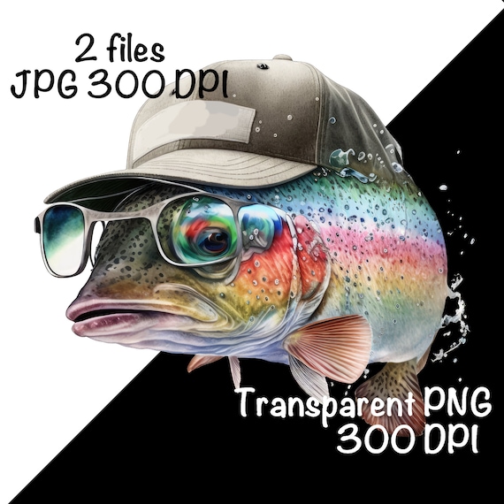 Funny Rainbow Trout Fish Watercolor Saltwater Fish Clipart Trout Fish  Sunglasses Baseball Hat PNG Commercial Use Ocean Fishing Season PNG 