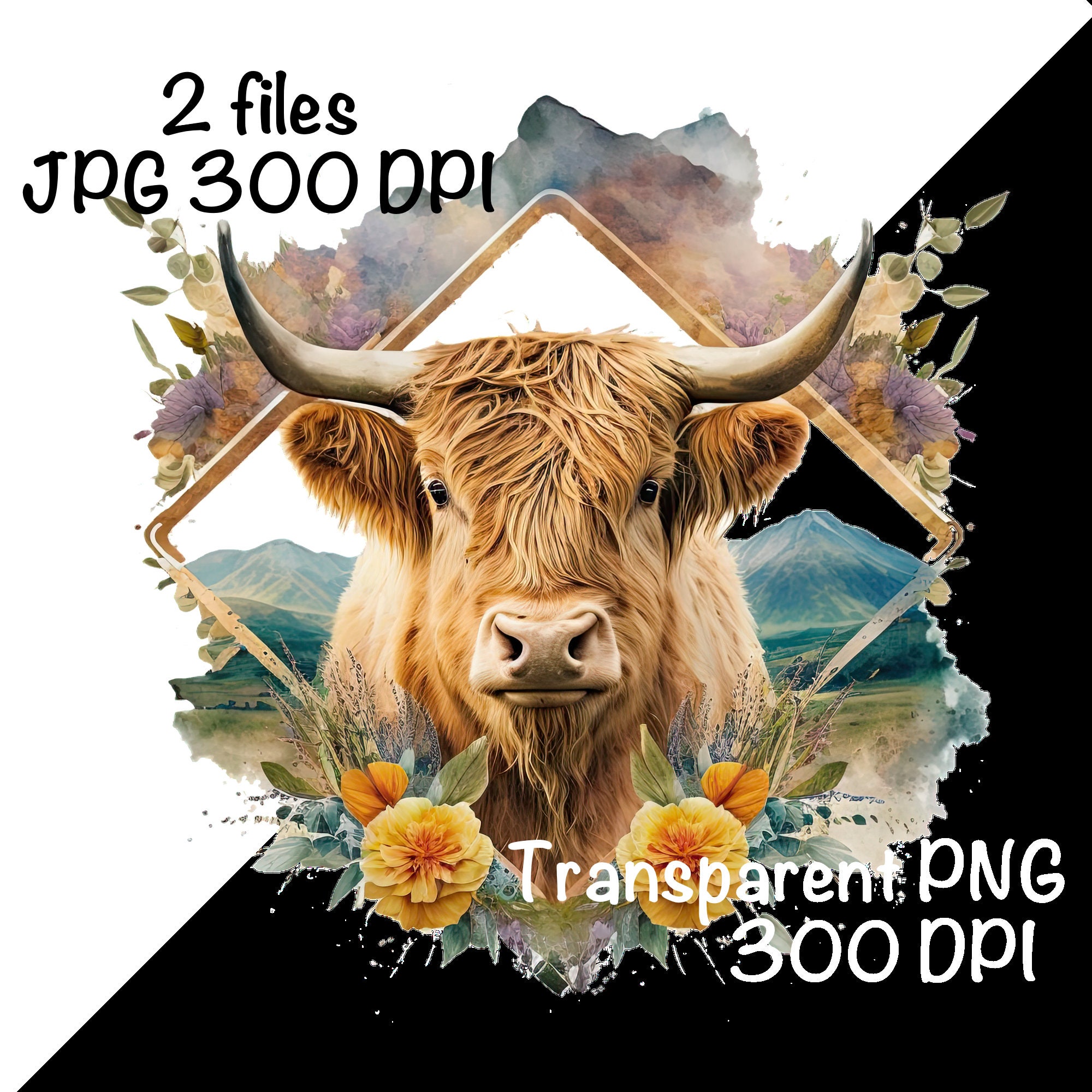 Highland Cow Watercolor Clipart Highland Cow Gold Hexagon Spring ...