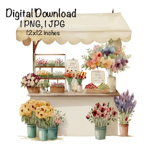 Bloemen van de boerenmarkt staan aquarel clipart marktbloemen png commercieel gebruik boerderijproducten grafisch ontwerp Cottagecore illustratie afdrukken
