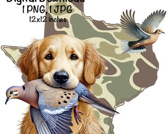 Camo Dove Hunting PNG | Golden Retriever Dog PNG | Camouflage Dove Hunt State Map png | Hunting Dog Dove Hunter png | Dove Hunting Camo png