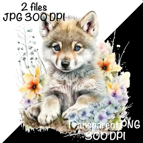 オオカミの水彩画クリップアート 野生の赤ちゃんオオカミ 春の花 PNG