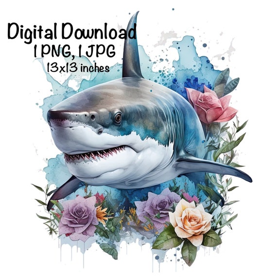 ホオジロザメの水彩画クリップアート サメの春の花 PNG 商用利用 サメ