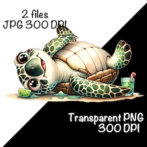 May include: A cartoon illustration of a smiling sea turtle with large eyes, a light-colored shell, and green patterned flippers. A lime wedge and a green drink with a candy cane are next to the turtle. Text reads "2 files JPG 300 DPI" and "Transparent PNG 300 DPI".