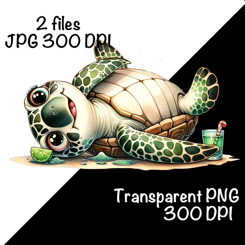 May include: A cartoon illustration of a smiling sea turtle with large eyes, a light-colored shell, and green patterned flippers. A lime wedge and a green drink with a candy cane are next to the turtle. Text reads "2 files JPG 300 DPI" and "Transparent PNG 300 DPI".