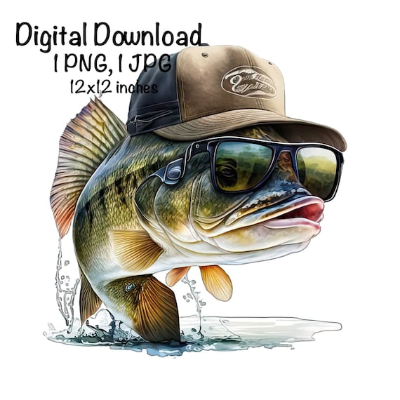Funny fishing png clipart watercolor illustration, big fish with fisherman  digital file, transparent background
