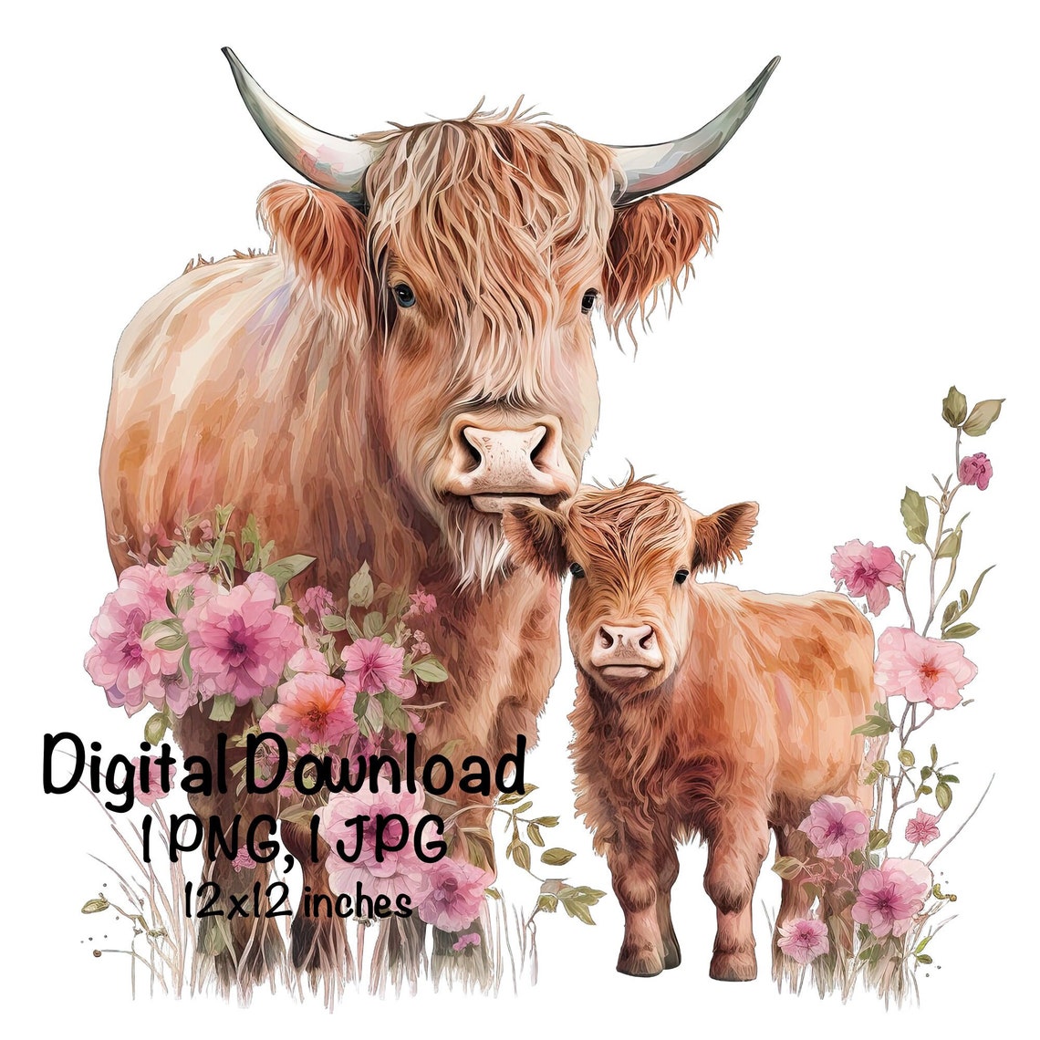 Highland Cow & Calf Watercolor Clipart Highland Cow Flowers - Etsy