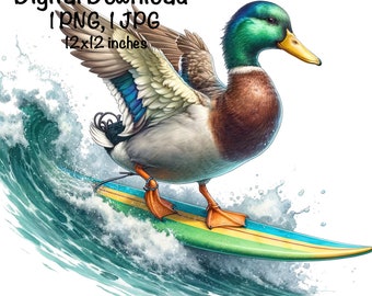 Surfando Pato Mallard PNG | Sublimação Surfista | Pato Fofo Surfando PNG | Caça Sublimação PNG | Vibração de verão | Surf Praia verão png