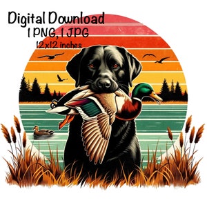 Labrador Dog PNG Duck Hunting Black Labrador Dog Retro Sunset PNG Download Hunting Dog Duck Hunter Sublimation Outdoor Dog Hunt Duck png