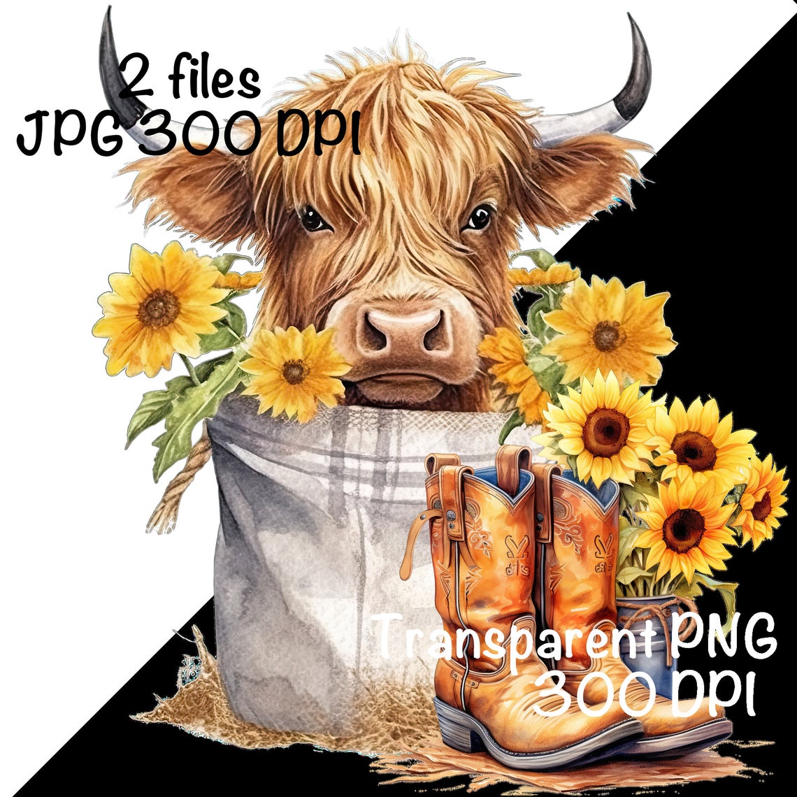 Highland Cow PNG Cute Highland Longhaired Cow Clipart Cow Burlap Sack ...