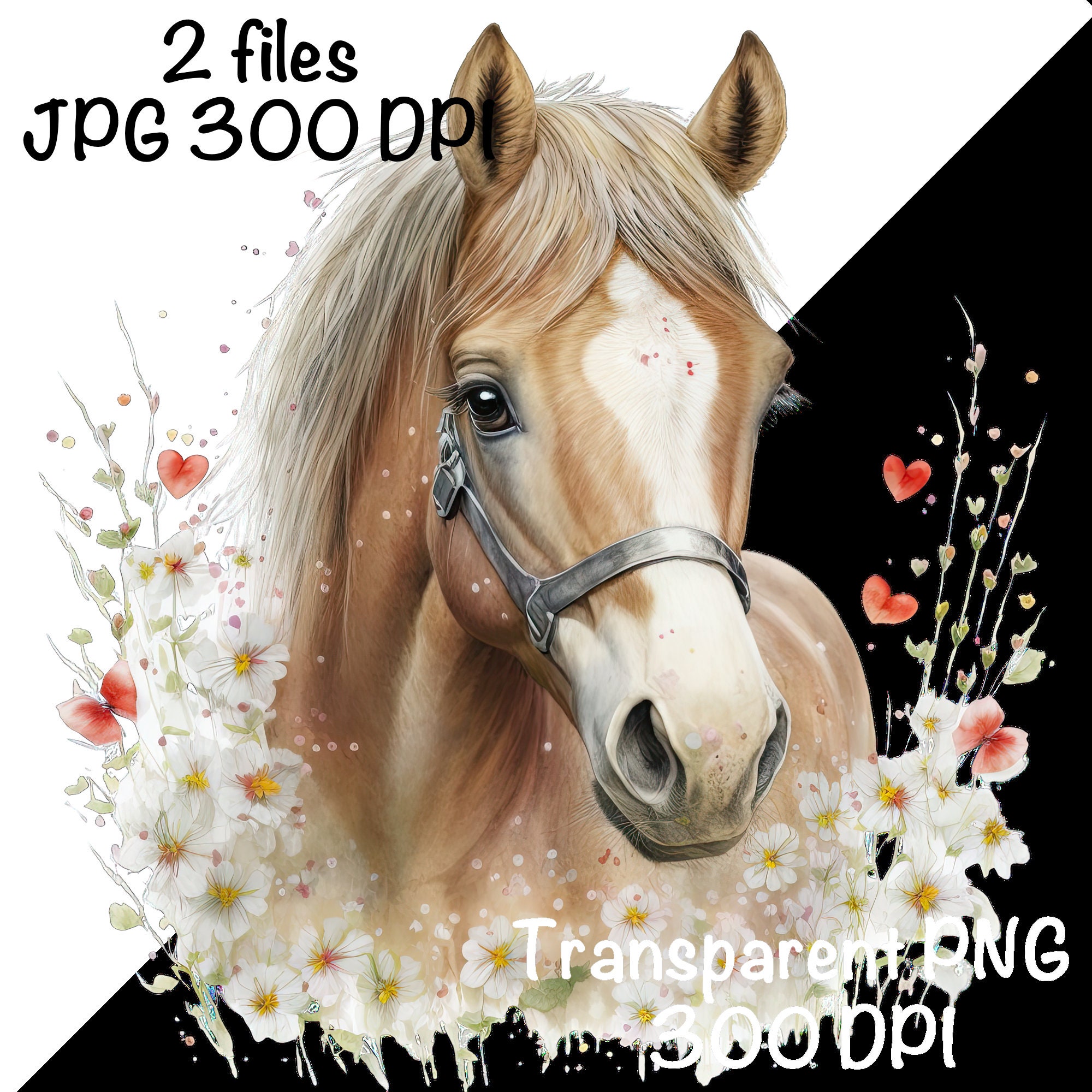 馬の水彩画クリップアート 馬の花 バレンタインデー ハート PNG 商用