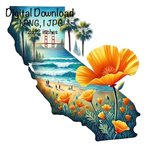 Kalifornien PNG, Aquarell Kalifornien Karte Jungen Mädchen Clipart Vereinigte Staaten von Amerika PNG Kommerzielle Verwendung California State Poppy & Strand PNG