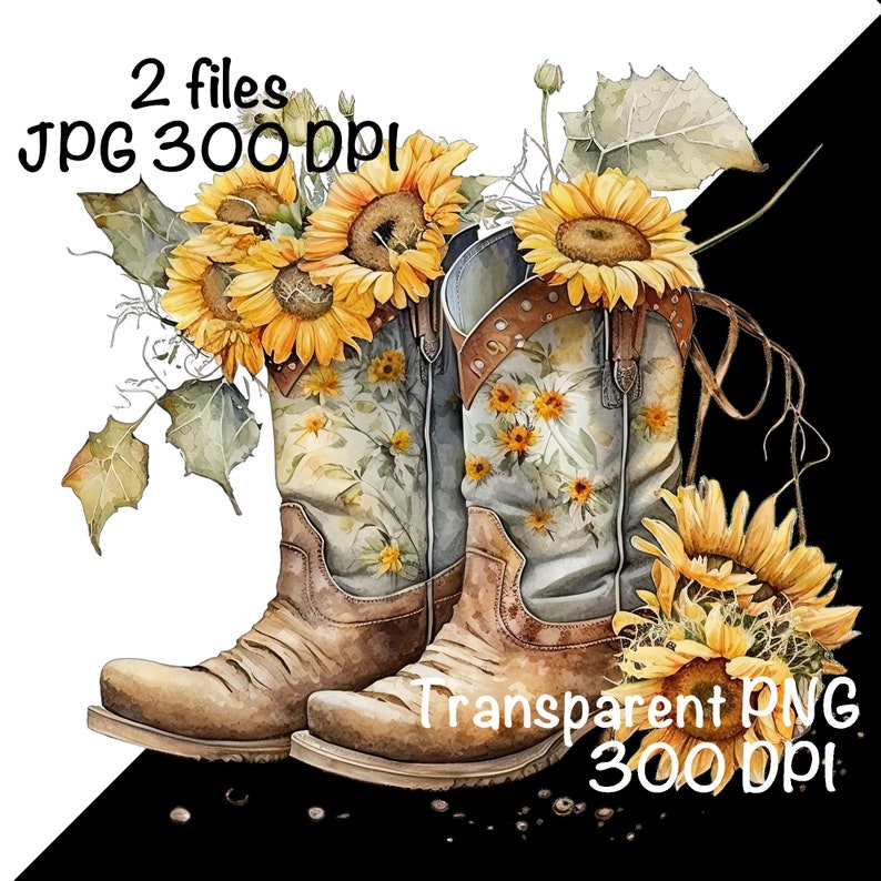 Pu&ograve; includere: Un paio di stivali da cowboy marroni con un motivo floreale e girasoli in cima. Gli stivali sono su uno sfondo nero.