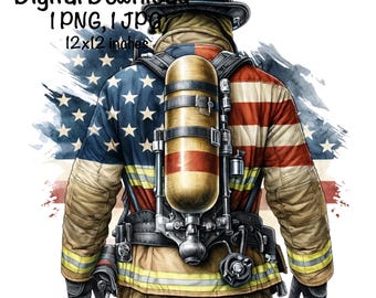 May include: Digital download image of a firefighter from the back, wearing a helmet and gear. The firefighter's jacket is designed with the American flag. The image is 12x12 inches.