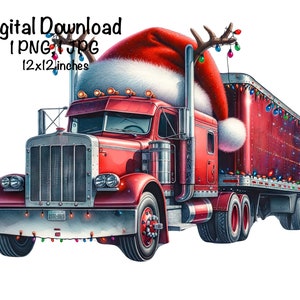 Frohe Weihnachten Auflieger LKW PNG Aquarell Auflieger Jungen Clipart Weihnachtsmann Großer Roter LKW Rentier LKW Fahrzeug Autos LKW Sublimation