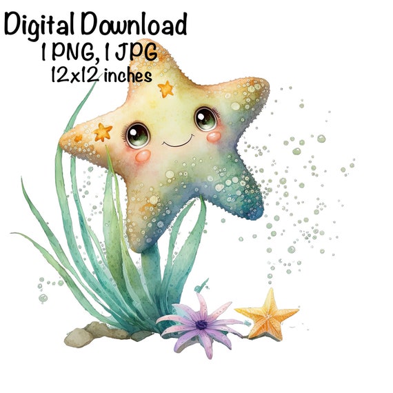 Cute Starfish PNG Clipart Ocean Animals Starfish PNG Adorable Star Fish  Water Bubbles Flowers Sublimation Starfish Art Printable Watercolor 